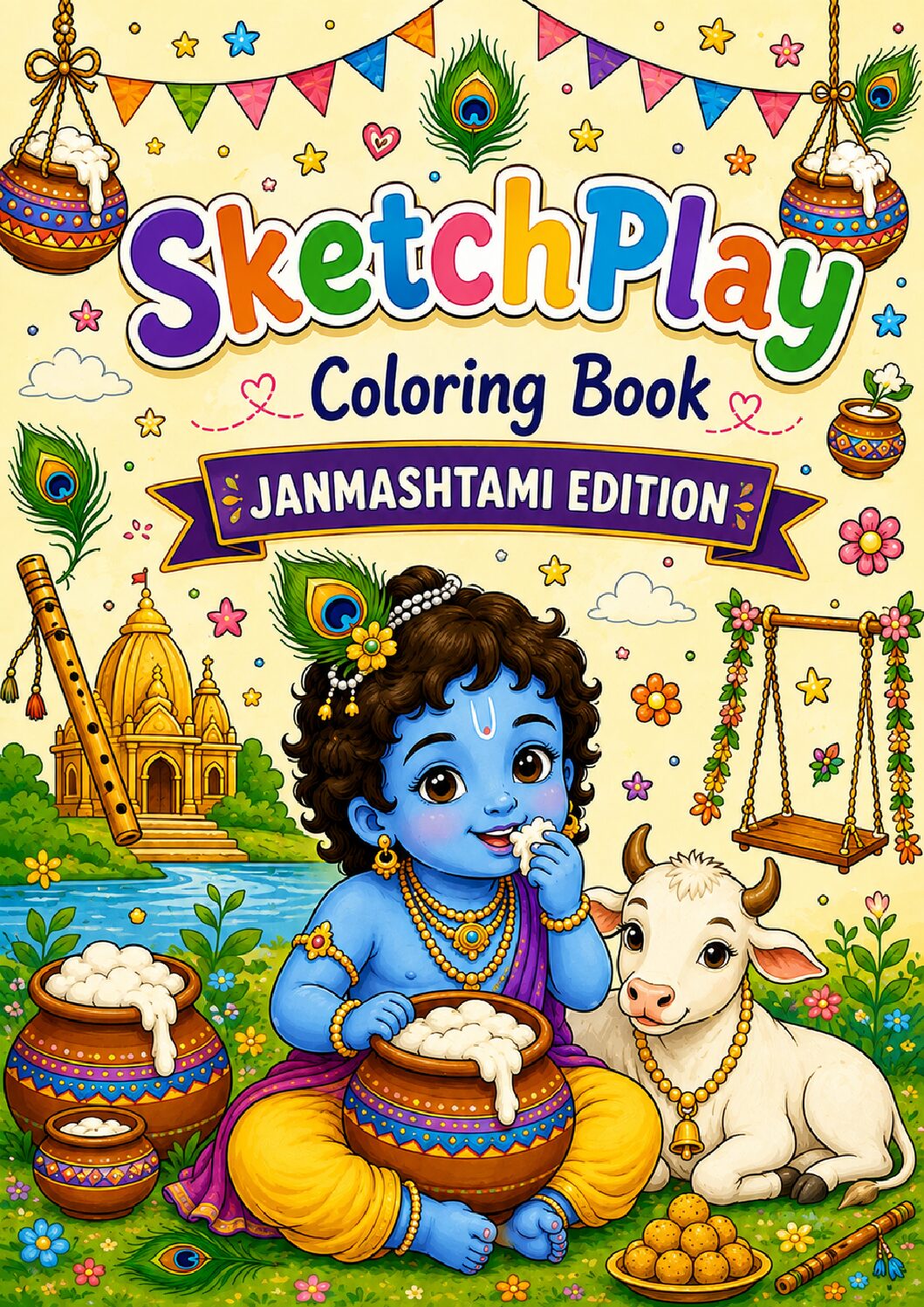 SketchPlay Kids Coloring Book Janmashthmi Edition (Ages 4–12) – 28 Creative Designs| Digital Book | A4 size | JoyMakers Studio